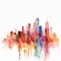 Watercolor painting of a minimalist city skyline with abstract buildings and soft, muted colors, on isolated white background, Generative AI