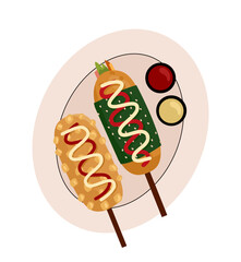 Corn Dog, Korean Street Food. Sausage in dough on a stick with and without condiments. American or Korean street food.  Korean style french fries corn dog (Gamja-hotdog).