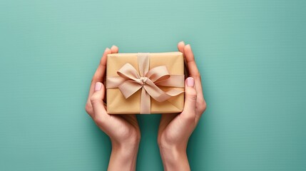The image depicts a pair of female hands from an aerial perspective, delicately holding a gift box to convey birthday greetings