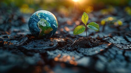 A globe with dried, cracked earth and a single green sprout conceptual illustration of hope and resilience amidst climate change.