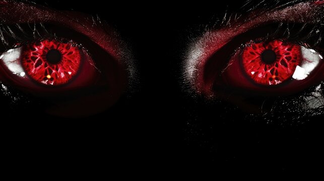 two vibrant red female devil eyes staring directly at the viewer on a black background. Created using: minimalist style, strong visual impact of the red on black, gothic or modern font for the text, d