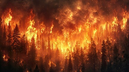 Fototapeta na wymiar A forest engulfed in flames with a dark, smoky sky conceptual illustration of the increasing severity of wildfires due to climate change.