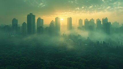 A city skyline obscured by thick, grey smog conceptual illustration of air pollution and its health impacts on urban populations.