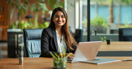A young indian woman working on a laptop in office.
