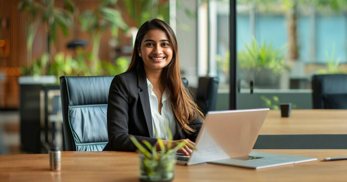 A young indian woman working on a laptop in office.