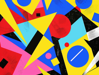 Abstract geometric background with colorful shapes, including triangles, circles, and squares, in vibrant primary colors and bold patterns.