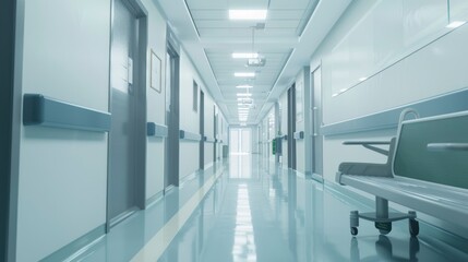 Fototapeta premium A long hallway with a white door and a green bench. The hallway is empty and the lights are on