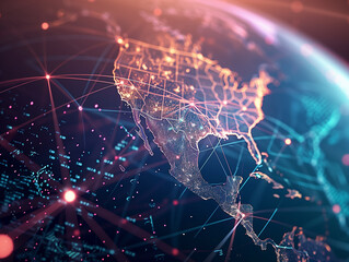 Aerial view of North America with digital connectivity network, showcasing glowing data connections and technology spread
