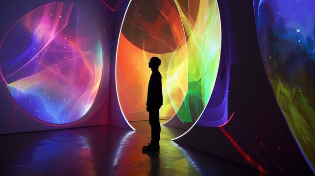 A person stands in a room with colorful walls and a large, circular structure in the background. The room is dimly lit, creating a mysterious and intriguing atmosphere
