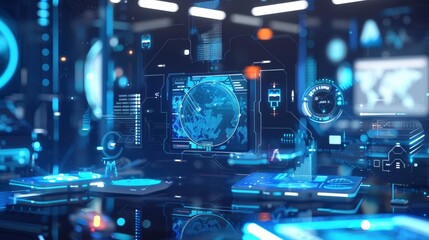 A futuristic room with many screens and a large globe in the center. The room is filled with blue lights and the atmosphere is very modern and high-tech