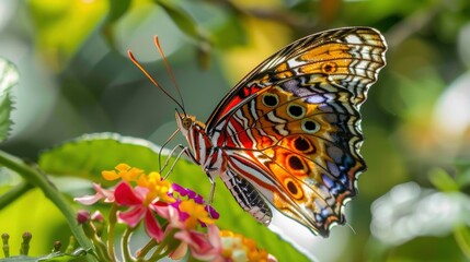 Obraz premium A butterfly is sitting on a flower. The butterfly is orange and black
