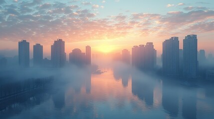 A city skyline blurred by thick smog with a polluted river in the foreground conceptual illustration of urban air pollution and its health impacts.