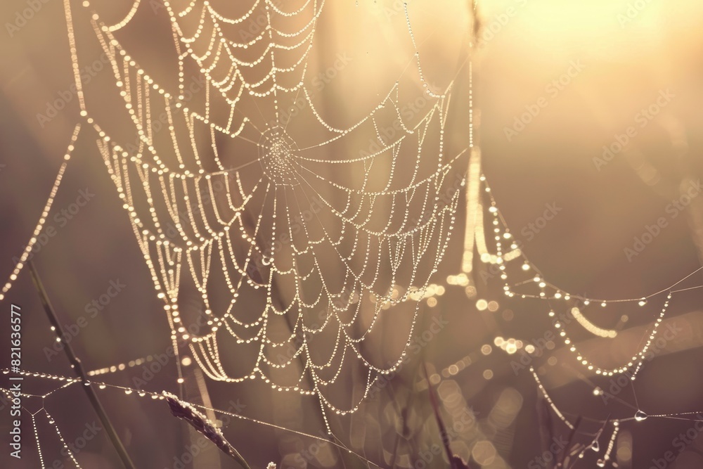 Wall mural a spider web with dew drops on it. the web is very intricate and has many strands