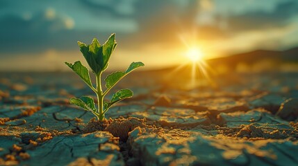 A parched landscape with a single green plant struggling to thrive conceptual illustration of the impacts of climate change on biodiversity and ecosystems.