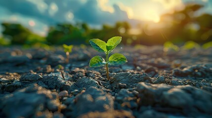 A parched landscape with a single green plant struggling to thrive conceptual illustration of the impacts of climate change on biodiversity and ecosystems.