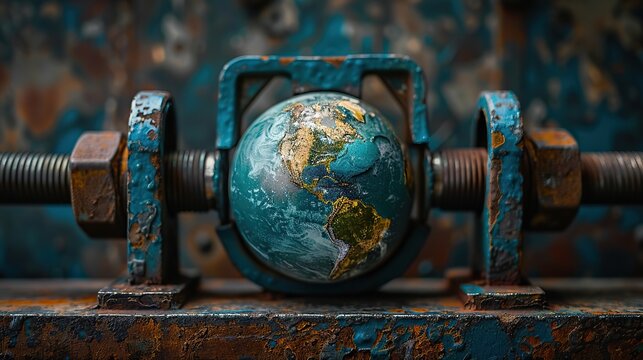 A globe being squeezed by a tightening vise representing pressure conceptual illustration of the increasing stress on Earth�s ecosystems due to human activities.