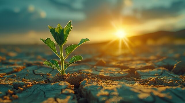 A parched landscape with a single green plant struggling to thrive conceptual illustration of the impacts of climate change on biodiversity and ecosystems.