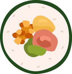 Gimbap or Korean Seaweed Rice Rolls.  Traditional Korean Food Gimbap or Kimbap. Rice, meat, Kim chi and vegetables roll with seaweed. Authentic Asian food, Korean street food, a slice of rice roll..