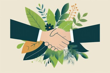 Two men shaking hands in a green leafy background. Concept of trust and cooperation between the two individuals