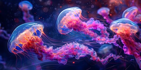Fototapeta premium Mesmerizing Bioluminescent Jellyfish in Otherworldly Ocean Landscape