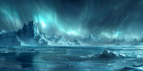 Breathtaking Aurora Borealis Illuminates Frozen Seascape with Majestic Icebergs and Glaciers in Ethereal Digital Art Landscape