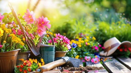 Gardening tools and utensils in a green meadow, garden maintenance, landscaping and hobby ideas. Sunlight.