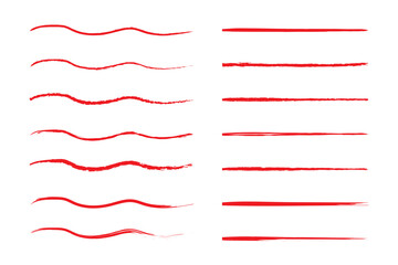 Crayon brush stroke red underline. Chalk pen highlight stroke. Vector hand drawn brush underline element set for accent, crayon texture emphasis element. Red chalk vector illustration