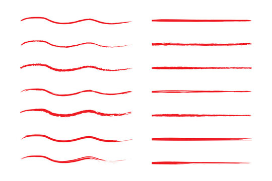 Crayon brush stroke red underline. Chalk pen highlight stroke. Vector hand drawn brush underline element set for accent, crayon texture emphasis element. Red chalk vector illustration