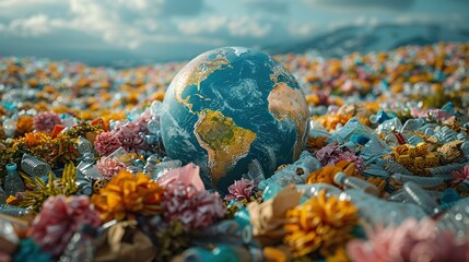 A globe surrounded by piles of plastic waste conceptual illustration of global waste management issues and their impact on the environment.