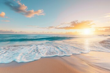 Obraz premium The ocean is calm and the sky is a beautiful shade of pink. The sun is setting, casting a warm glow over the water