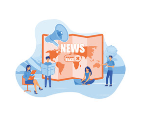 Fake News and Gossips. Tiny People Reading Newspapers and Social Media Information in Internet. flat vector modern illustration