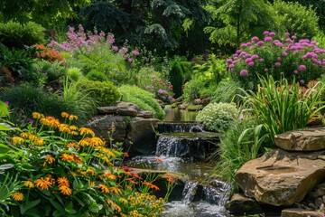 A beautiful garden with a small waterfall and a rock wall. The waterfall is surrounded by a variety of flowers and plants, including pink and orange flowers. The garden is well-maintained