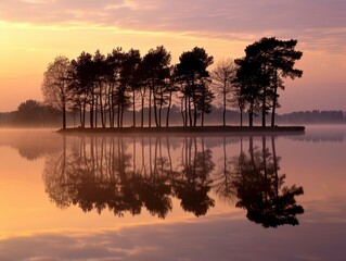 A serene lake with a group of trees in the background
