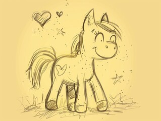 Obraz premium A cartoon horse with a heart on its back and a smile on its face. The drawing is in a yellowish color