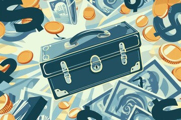 A black briefcase is filled with money and coins. The briefcase is surrounded by a pile of cash and coins, with some of the coins being worth more than $1. Concept of wealth and abundance