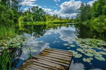 A serene lake with a wooden dock and a few lily pads. The water is calm and the sky is clear