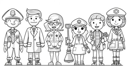 Simple line drawing for coloring book of Professions: doctors, teachers, firemen, policemen, thick lines for easy coloring by kids, cartoon style, white background 