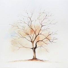Watercolor painting of a minimalist tree with a slender trunk and few branches, against a soft pastel sky, on isolated white background, Generative AI