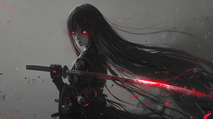 Fototapeta premium An anime girl with long hair holds a katana in her hands, mysterious emotions, glowing red eyes, a katana emitting infrared red light from inside
