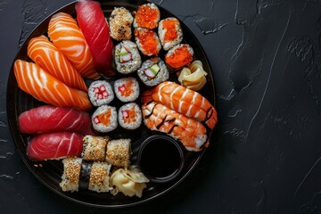 Top view, Sushi set on a black background top view Japanese food Sushi set on a black plate on a Black background, Ai Generated