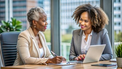 An image of a middle-aged, Black female executive coaching a younger colleague in an office setting.	
