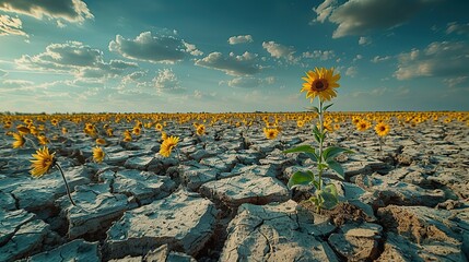 A drought-stricken landscape with cracked earth and a lone withered plant conceptual illustration of the severe water shortages and agricultural impacts due to climate change.