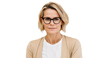 Obraz premium Smiling confident middle aged businesswoman wearing eyeglasses, isolated on transparent background