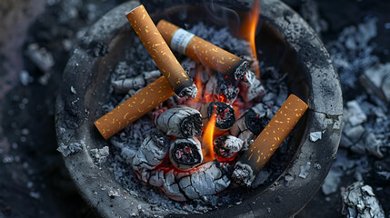 Overhead View of Burning Cigarette in Ashtray with Smoke, Close-up of Smoking Hazard and Addiction Concept, Tobacco Cigarette Butt on Fire, Unhealthy Habit Scene, Generative AI

