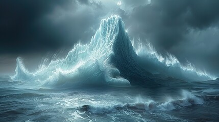 A giant iceberg calving into the ocean creating huge waves conceptual illustration of the melting ice sheets and rising sea levels.
