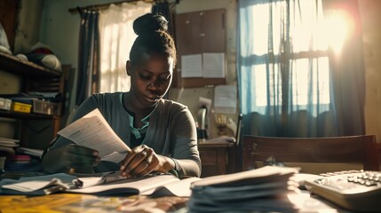 A African parent at home tries to calculate the monthly budget and pay out standing bills while facing financial difficulties during a economic downturn.