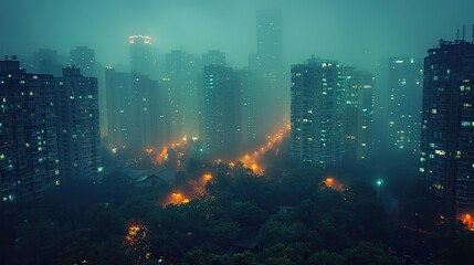 A bustling city at night with lights glaring and pollution fogging the air conceptual illustration of the energy consumption and pollution in urban areas.