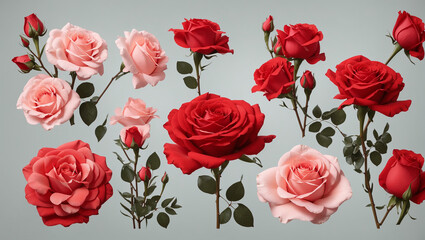 There are several pink and red roses on white background