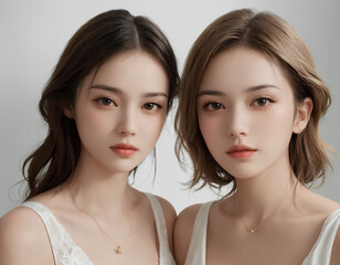 Fototapeta premium Close-Up Portrait of Two Young Women with Long Hair, Looking at Camera