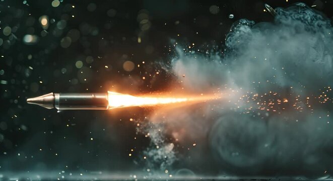 A dynamic close-up of a bullet fired from a gun, captured in mid-flight with a trail of smoke and sparks, highlighting the raw energy and speed of the projectile.